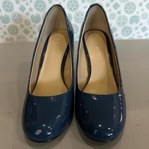 Nine West Womens 7M Patent Leather Heels Stiletto Shoes Navy Blue Slip On